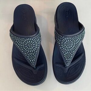 Crocs Confort Monterey Blue Diamanté Wedges Sandals Beaded Thong Flip Flop Women